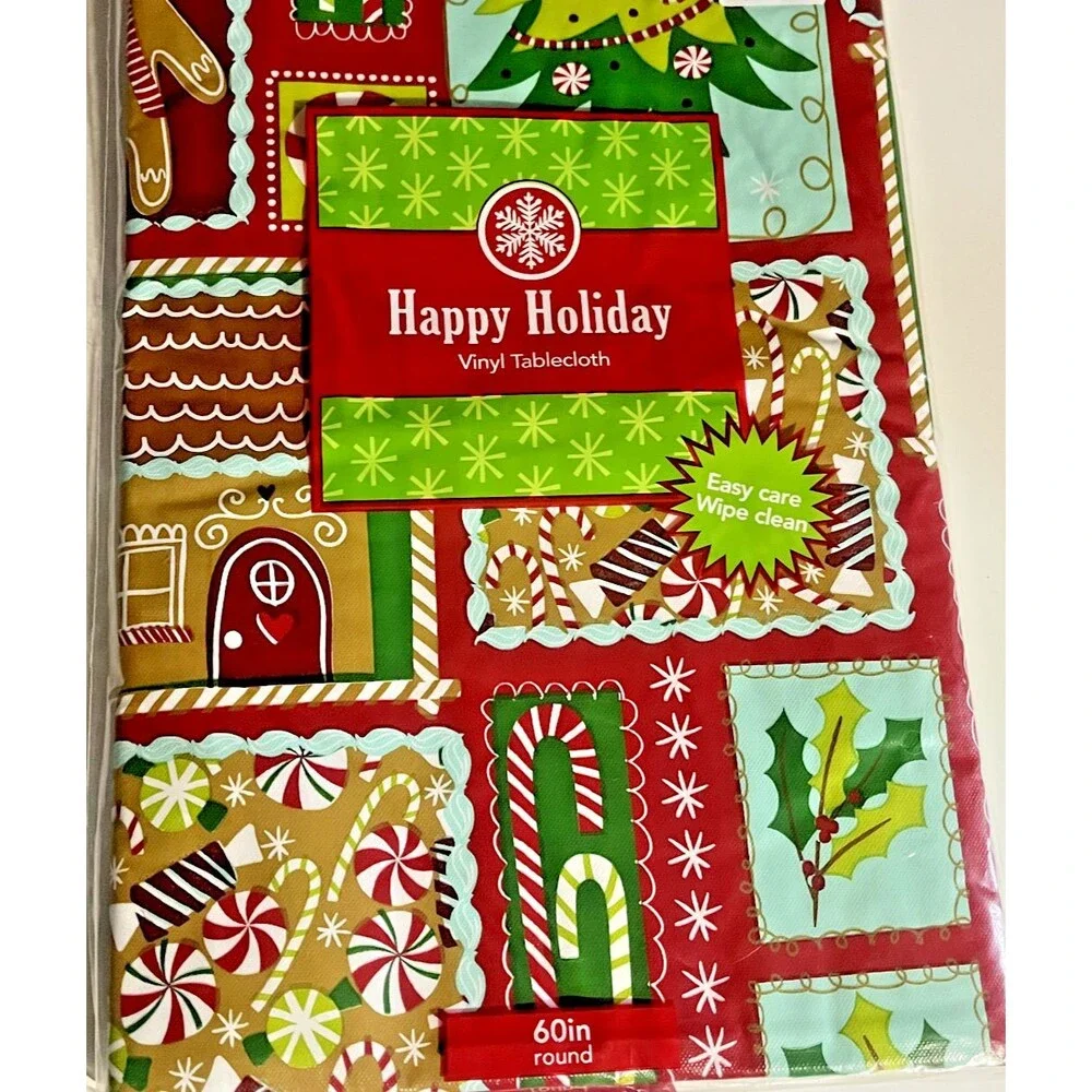 Christmas Holiday Gingerbread House Vinyl Tablecloth Flannel Backed 60